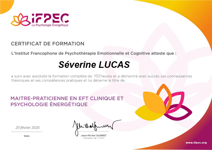 photo diplome Séverine Lucas | EFT Thérapie | Sophrologie