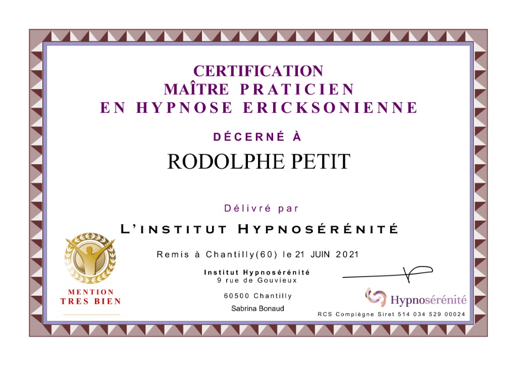 photo diplome Rodolphe Petit Hypnose & Thérapies brèves