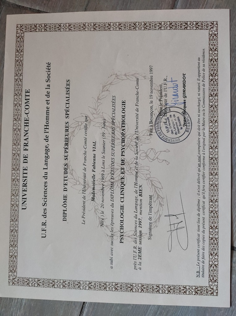 photo diplome Cabinet de psychothérapie