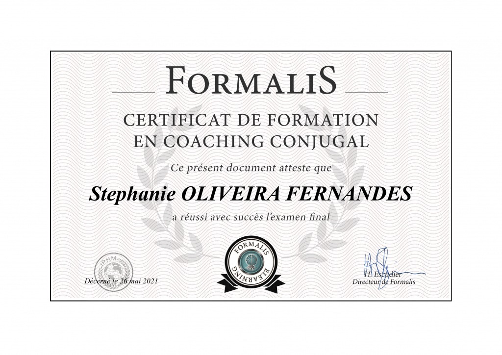 photo diplome Thérapeute de couple Stéphanie Fernandes