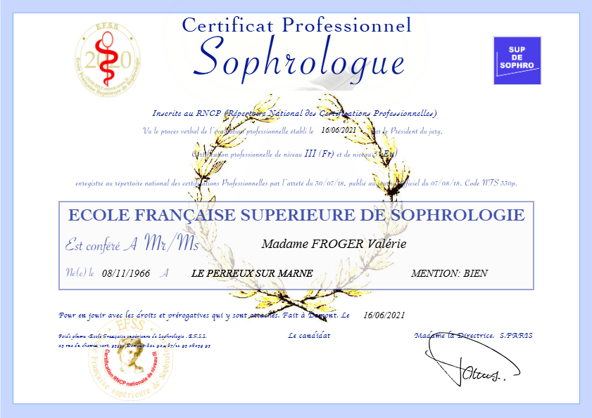 photo diplome Valérie FROGER Praticienne EMDR DSA