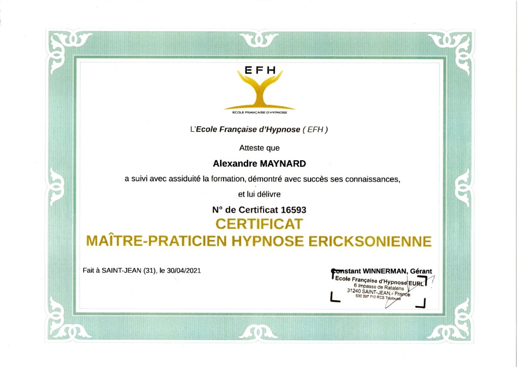 photo diplome Cabinet Maynard Hypnose Libourne Bordeaux