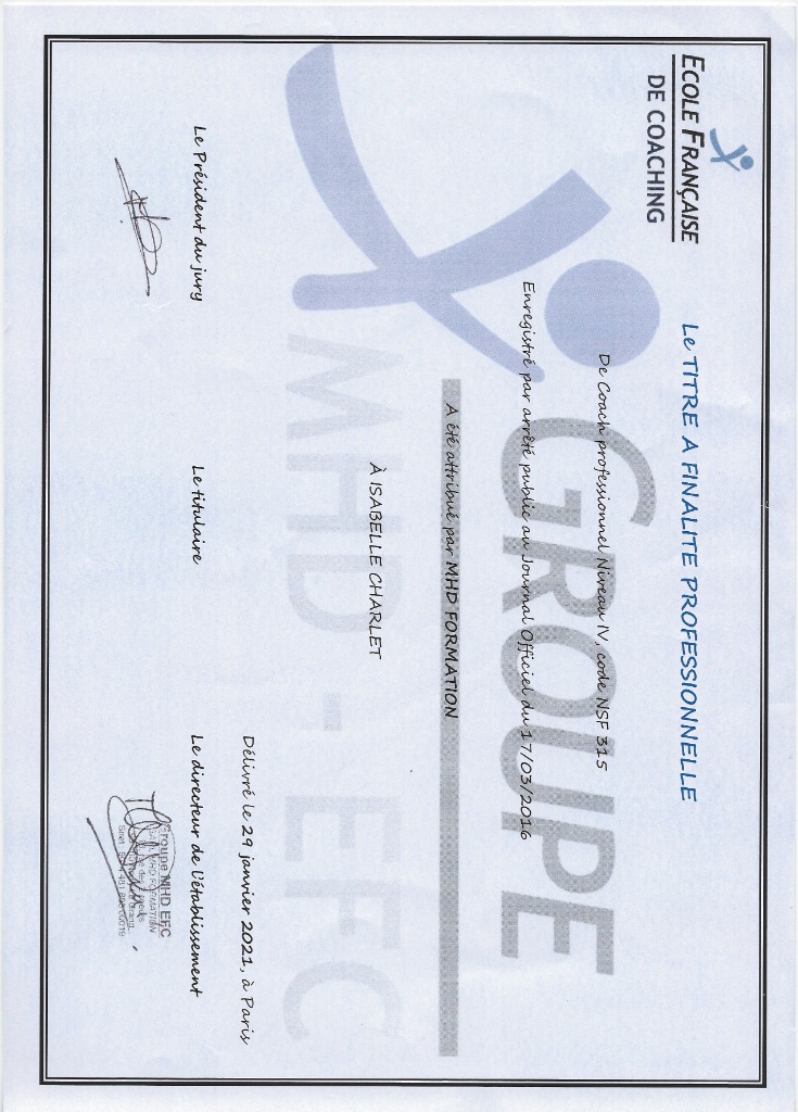 photo diplome Coach Isabelle Charlet - coach en développement personnel - coach professionnel - coach de vie - Cabinet de coaching Gergovia