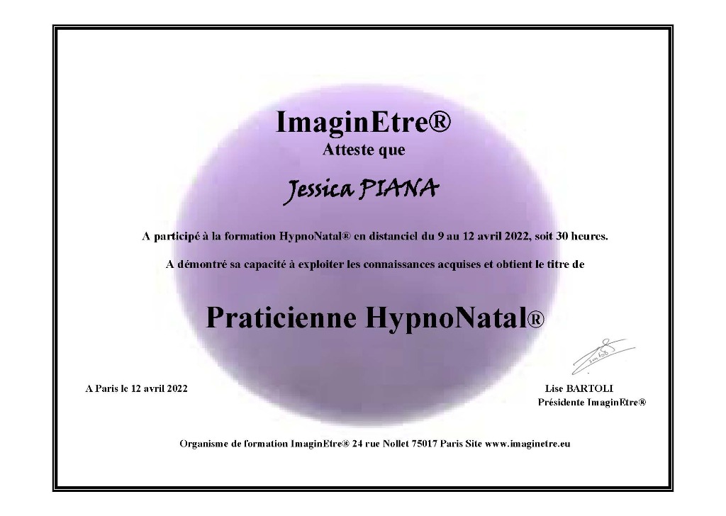 photo diplome Jessica PIANA Consultante en périnatalité