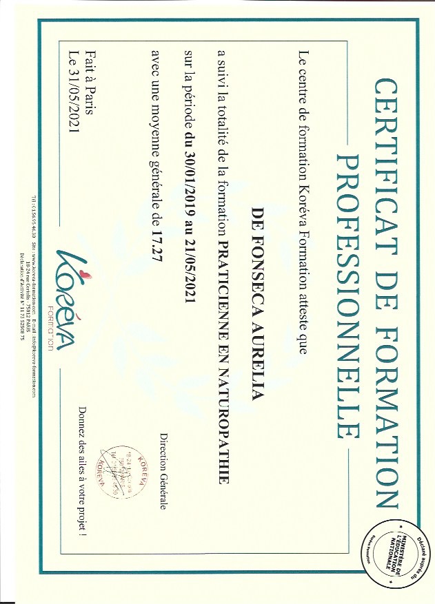 photo diplome Les clefs d'Auré Naturopathe finistère Nord