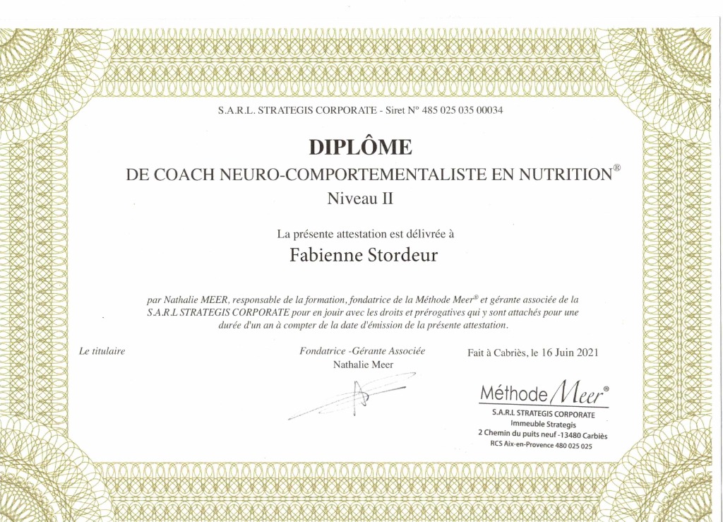 photo diplome Fabienne Stordeur coach neuro-comportementaliste nutrition Méthode Meer