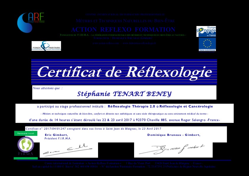 photo diplome Stéphanie TENART / OXYLIANCE by Stéphanie Réflexologie