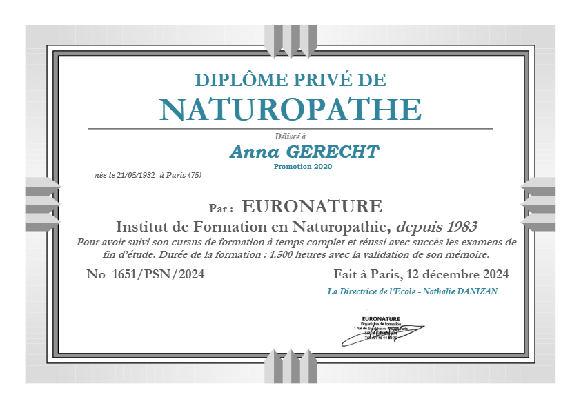 photo diplome Anna Gerecht Naturopathe
