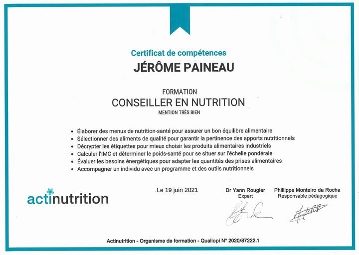 photo diplome Jerôme Paineau Conseiller en nutrition