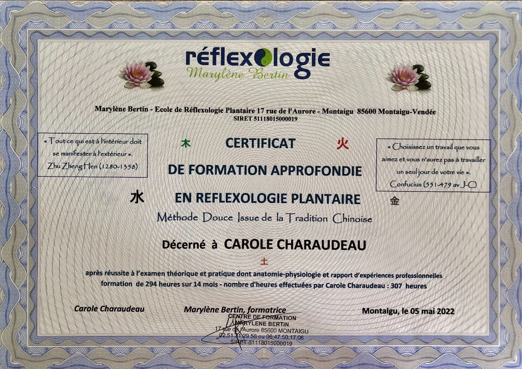 photo diplome Carole Réflexologie Plantaire 