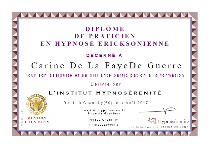 photo diplome CARINE DE LA FAYE  Hypnothérapeute Psychopraticien