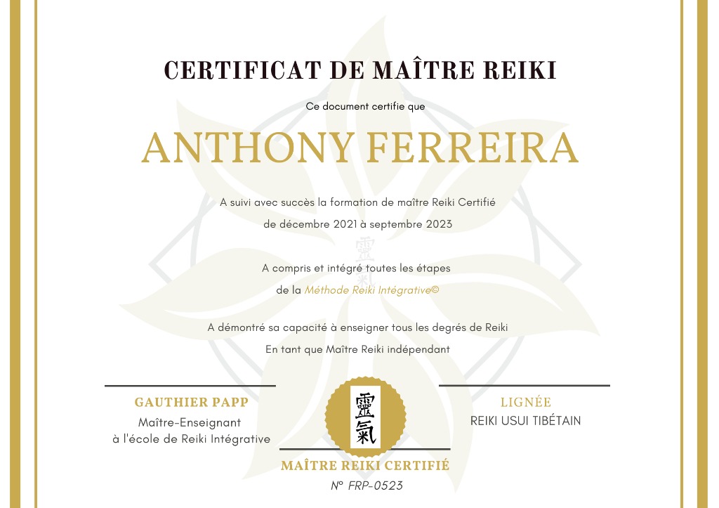 photo diplome Anthony FERREIRA Na’Sai Kala REIKI