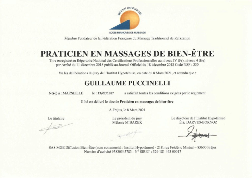photo diplome Guihôm Massage