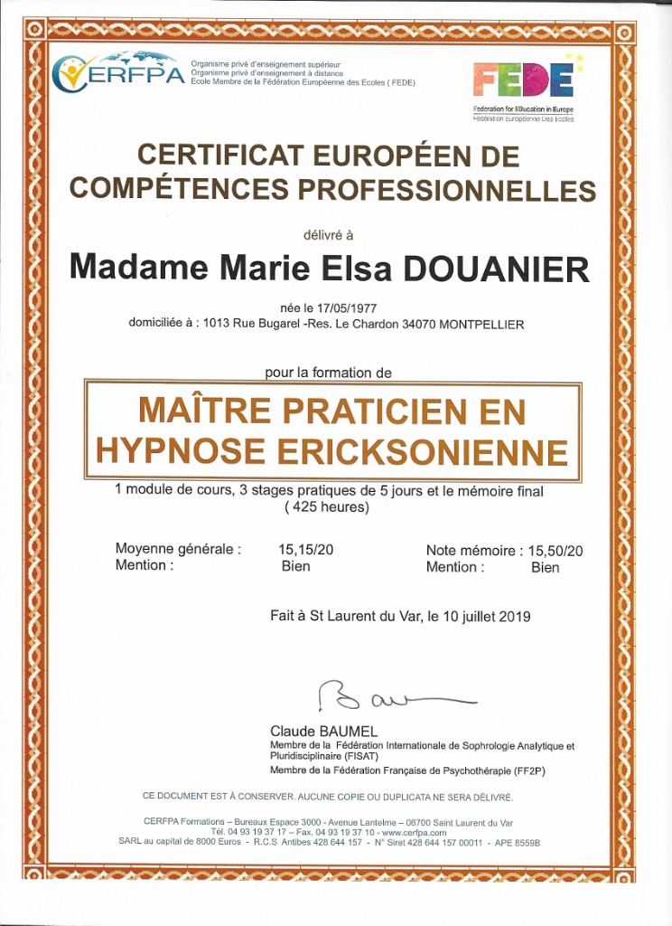 photo diplome Marie Elsa DOUANIER - Centre Les Méridiens