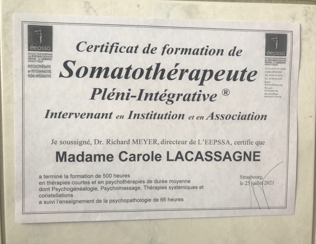 photo diplome Carole Vaudelin, psycho-somatothérapie intégrative
