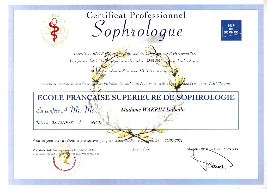 photo diplome Isabelle Lecoq Wakrim
