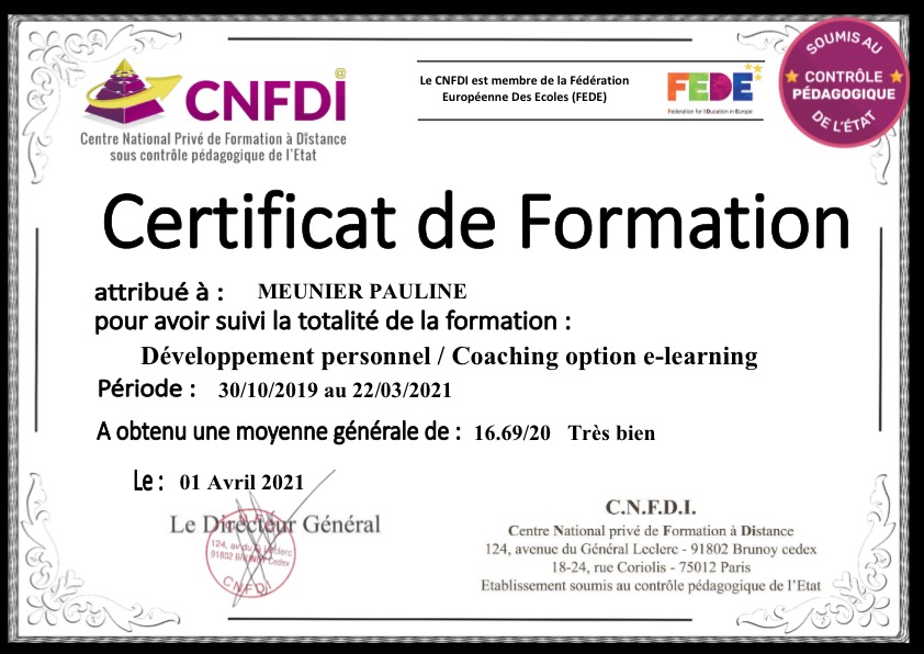 photo diplome Pauline Coaching 