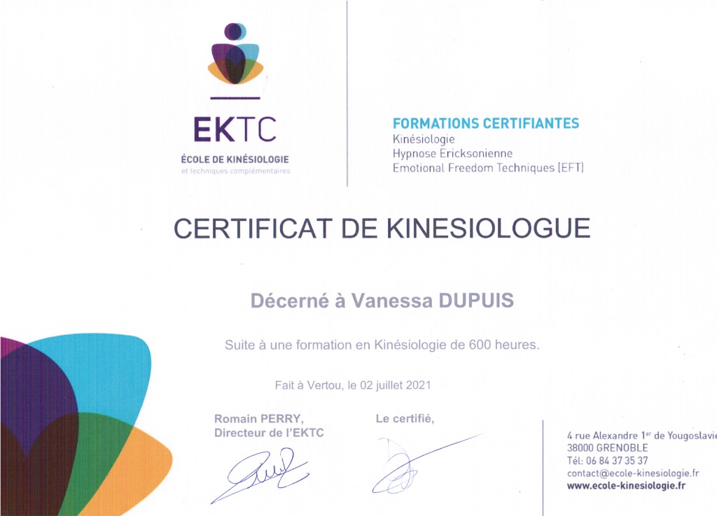 photo diplome Vanessa Dupuis - Kinésiologie