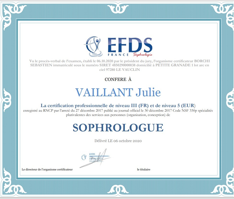 photo diplome Julie Vaillant - Cabinet psychanalyse et sophro