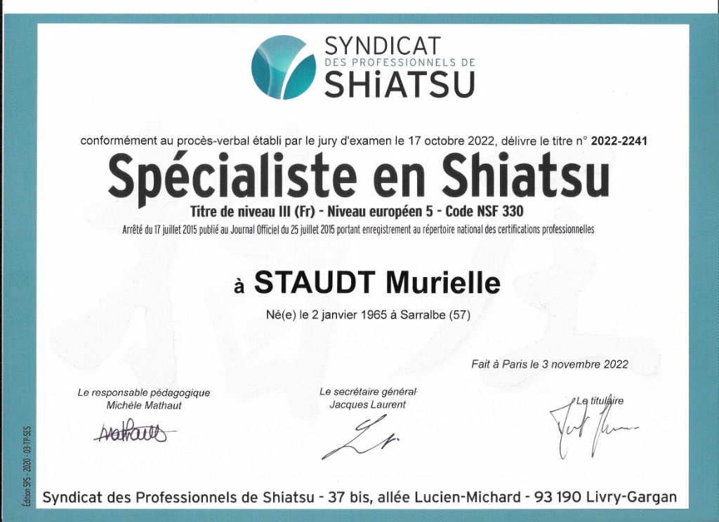 photo diplome Murielle Johnson- Shiko Shiatsu