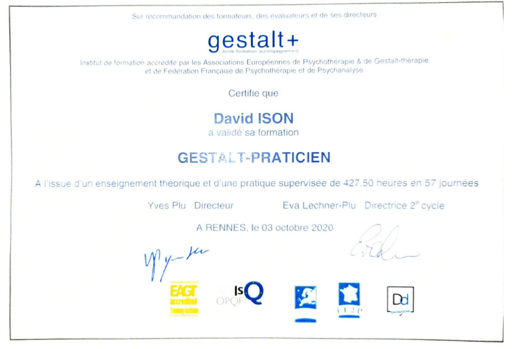 photo diplome David Ison Gestalt-thérapeute