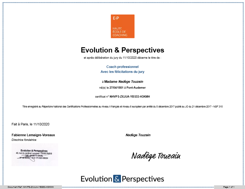 photo diplome Nadège Touzain - Coach spé. Emotions / Atypies