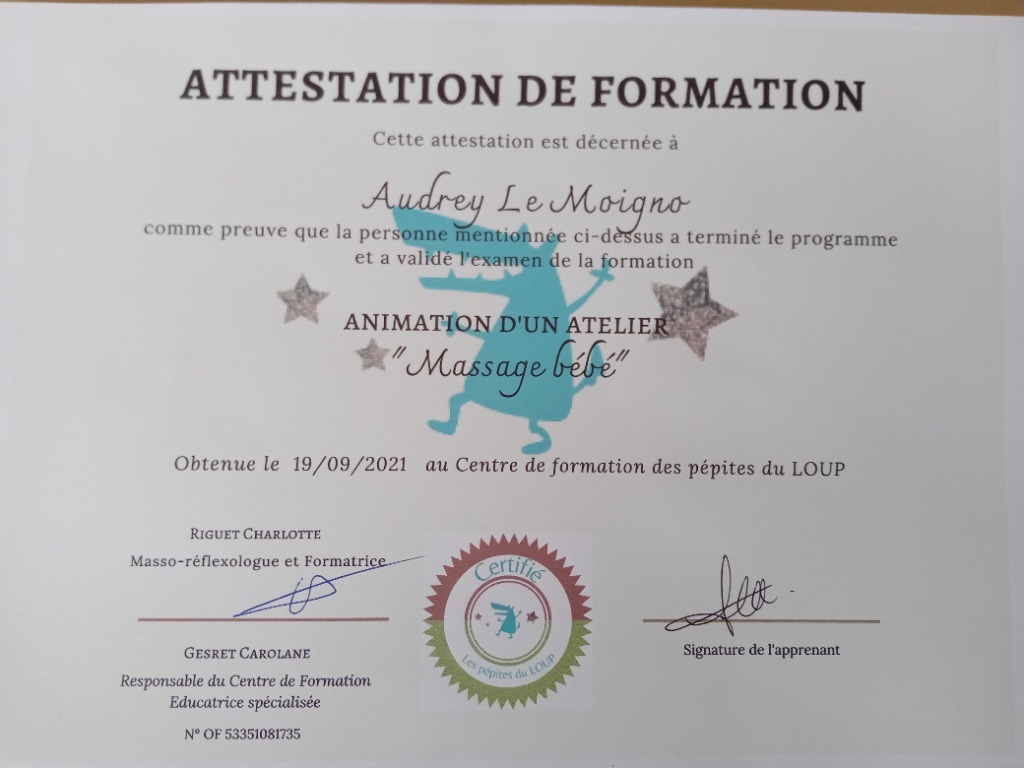 photo diplome Néroli massages bien-être