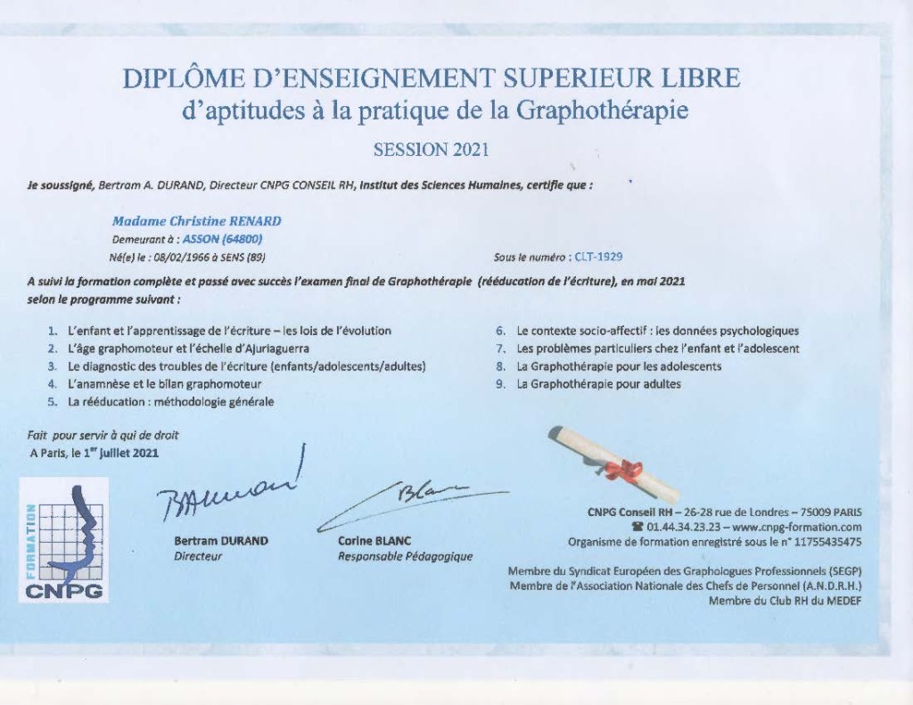 photo diplome Christine RENARD, Graphothérapeute