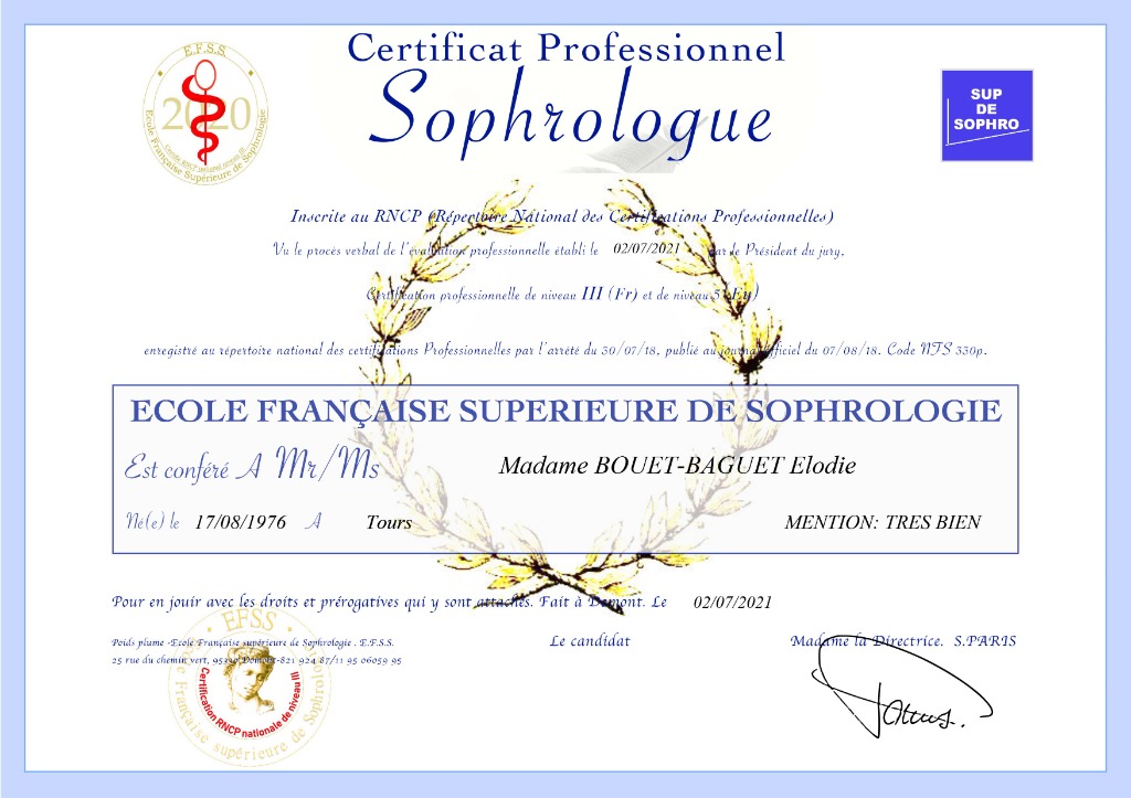 photo diplome Vie. Cabinet de Sophrologie