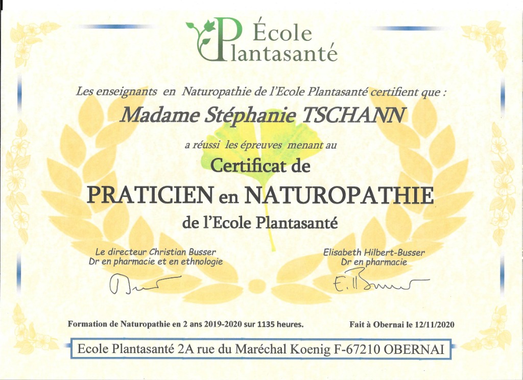 photo diplome Stéphanie Tschann - Equilibre naturopathie 
