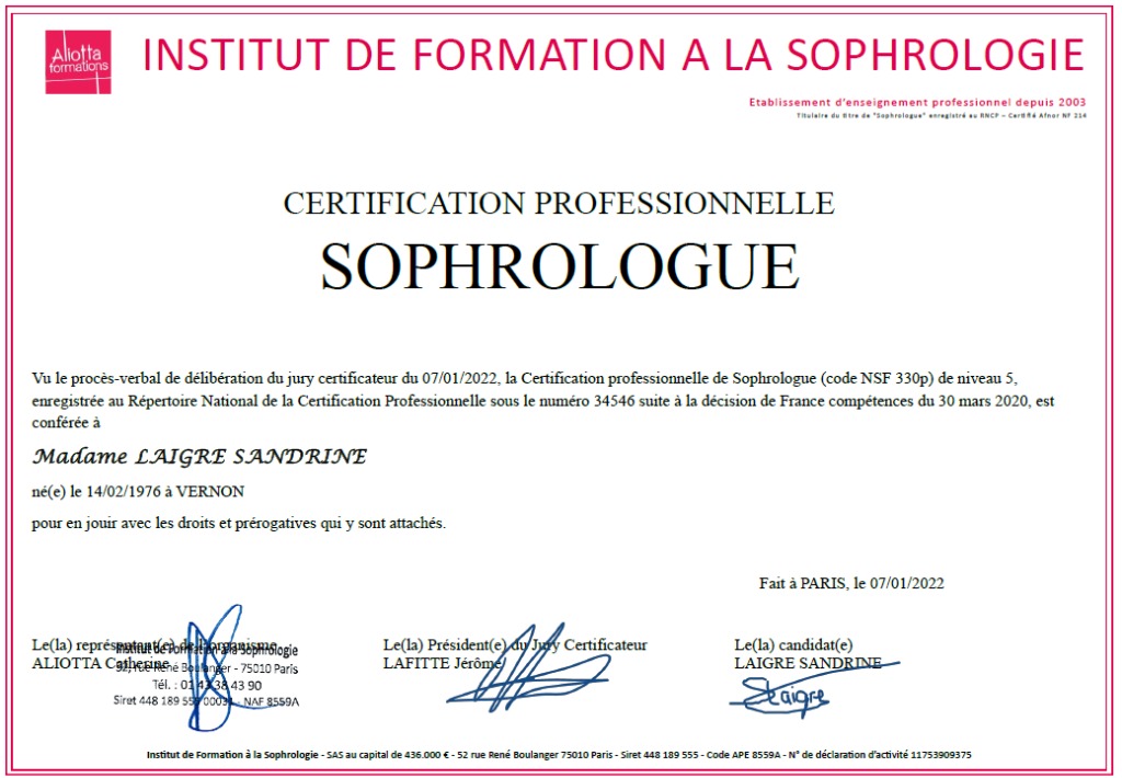 photo diplome Cabinet de sophrologie Viv’en Ciel