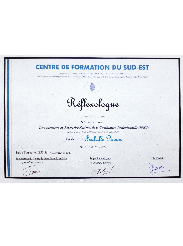 photo diplome Isabelle Pionin Réflexologie