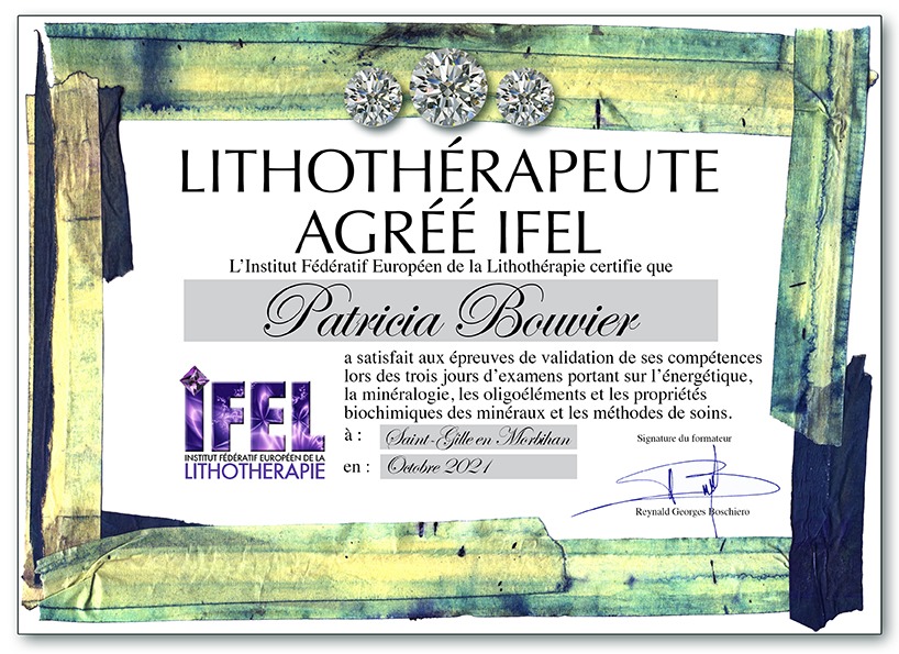 photo diplome Patricia Bouvier - Lithoterapeute agréé I.F.E.P.