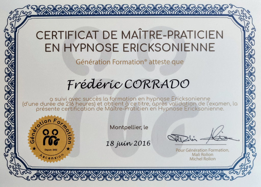 photo diplome Frédéric Corrado : Hypnose et PNL, thérapie Brève