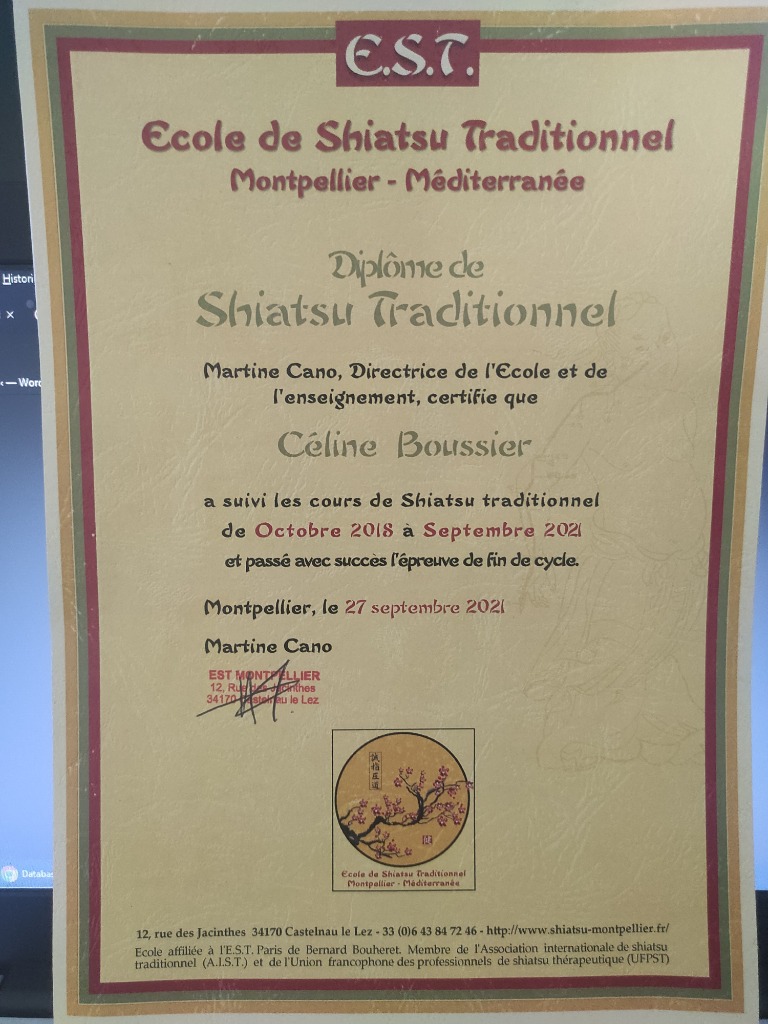 photo diplome Céline Shiatsu Montpellier