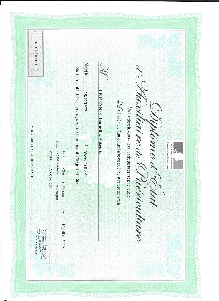 photo diplome Isabelle patricia bouloton le pennec