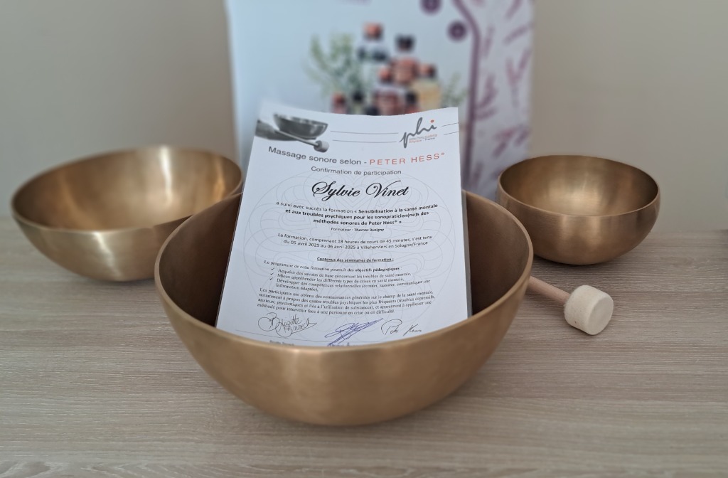 photo diplome Sylvie’s essences coupeuse de feu, Sonothérapeute