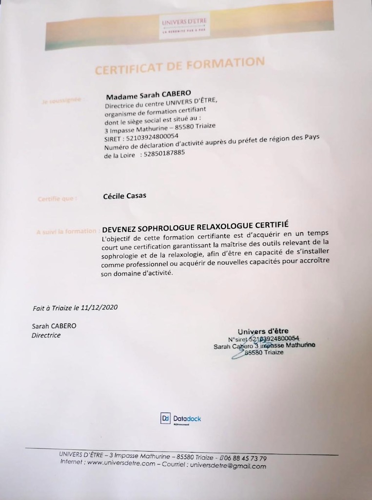 photo diplome Cécile Casas Sophrologue