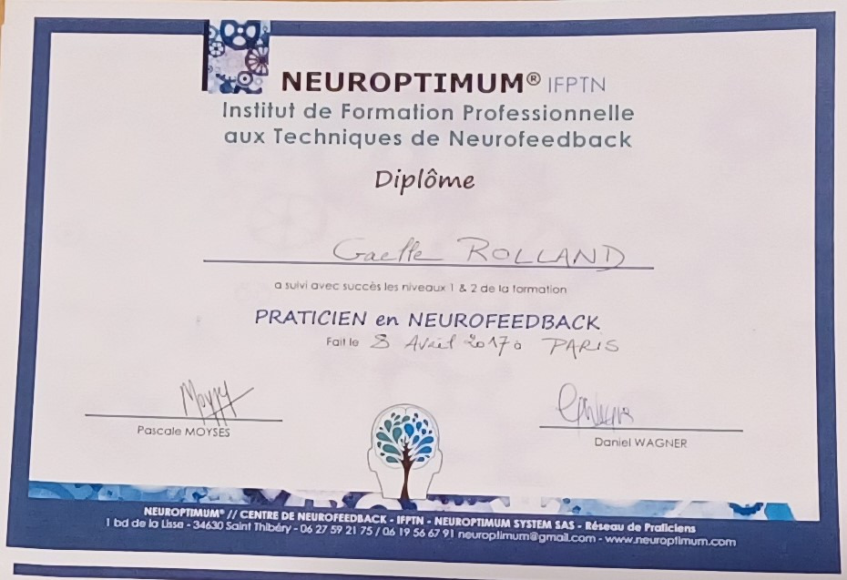 photo diplome NEUROFEEDBACK LORIENT LANESTER