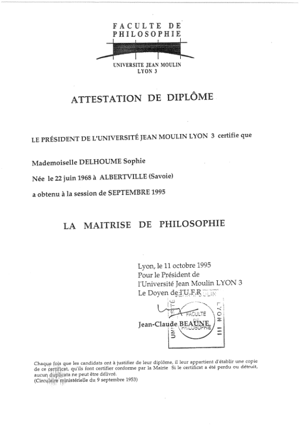 photo diplome Sophie Delhoume - Thérapeute en addictologie