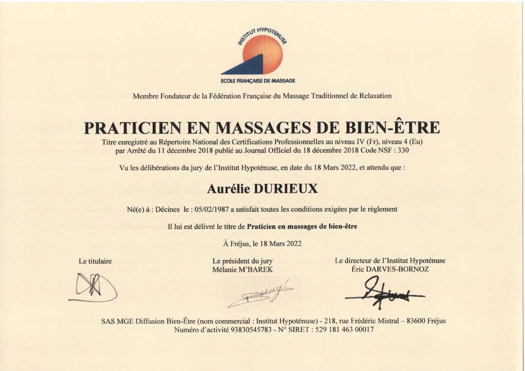 photo diplome Les mains’sages d’Aurélie