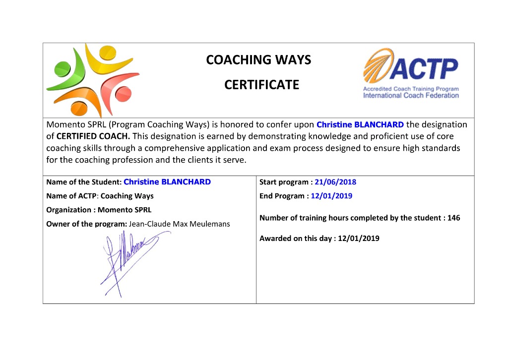 photo diplome Christine Blanchard Coach