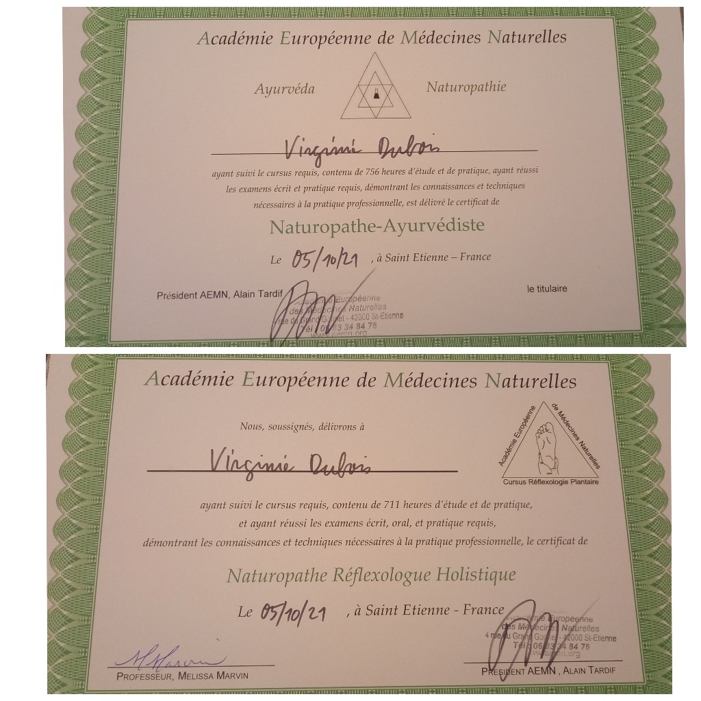 photo diplome Virginie Dubois/ prana yoga naturopathe