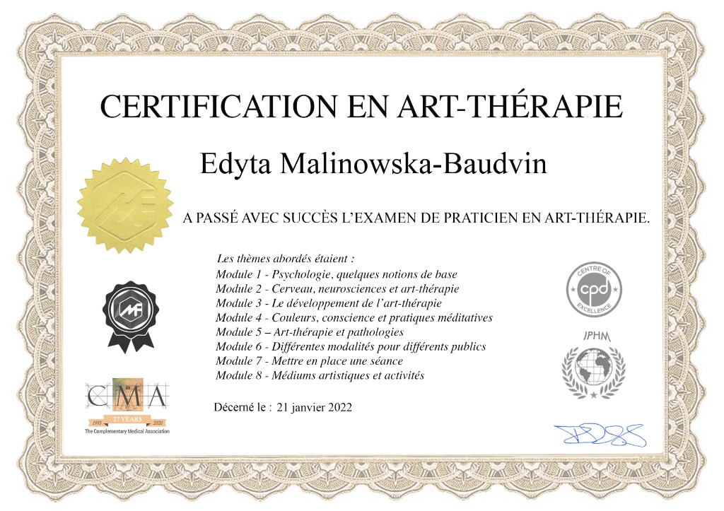 photo diplome Edyta Malinowska-Baudvin Arts à l’Ame 
