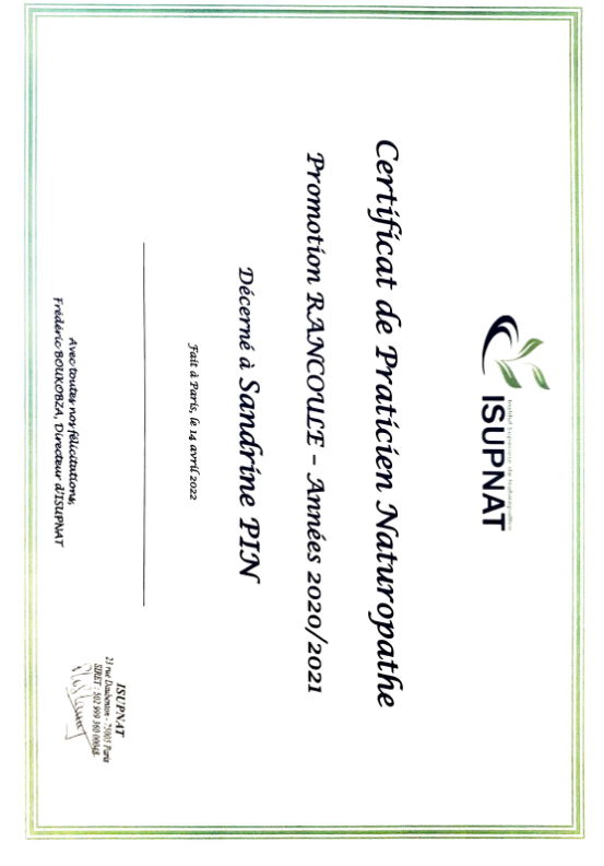 photo diplome Cabinet de Naturopathie La Rochelle- Ile de Ré