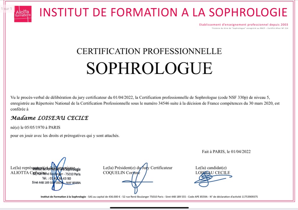 photo diplome Le Boudoir D’hygée Sophrologie