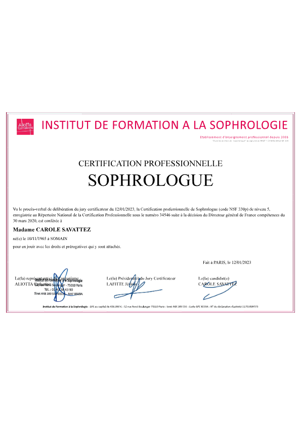 photo diplome Carole Savattez Sophrologue