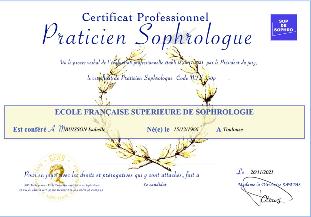 photo diplome Isabelle Buisson sophrologue