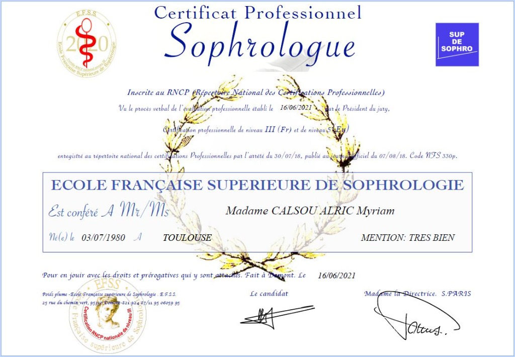 photo diplome MA Sophro Myriam ALRIC