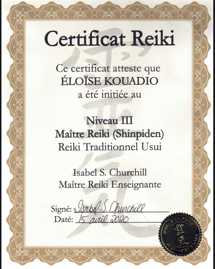photo diplome Elie Kouadio- Objectif Reiki